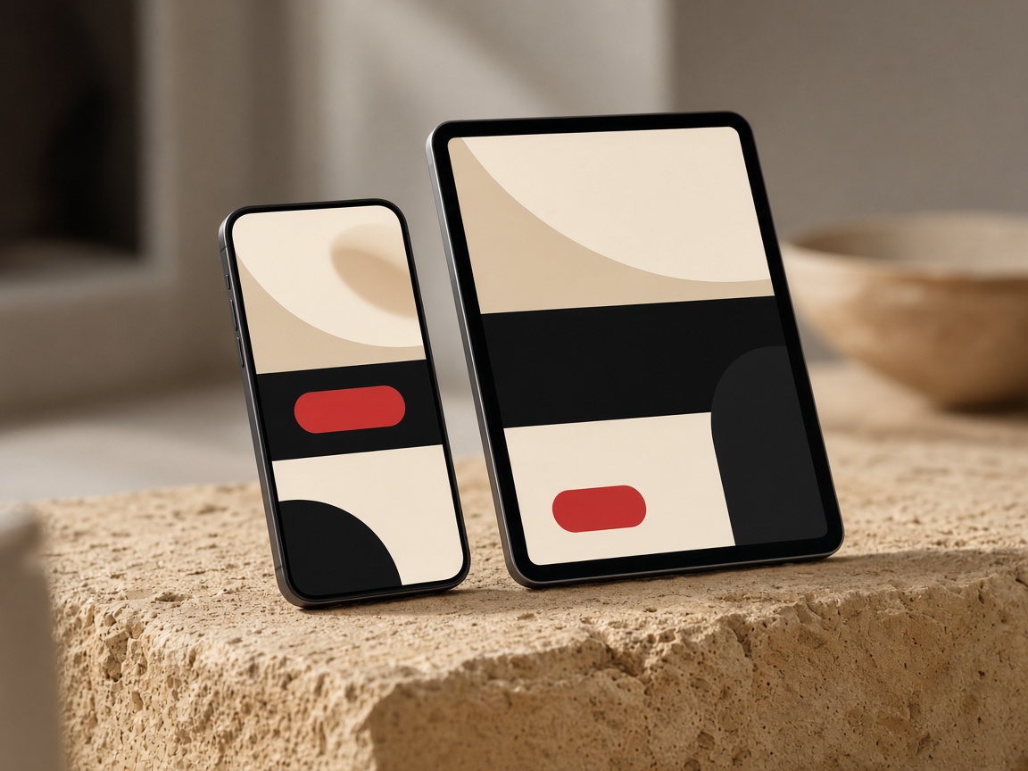 A phone and tablet showing abstract app screens.