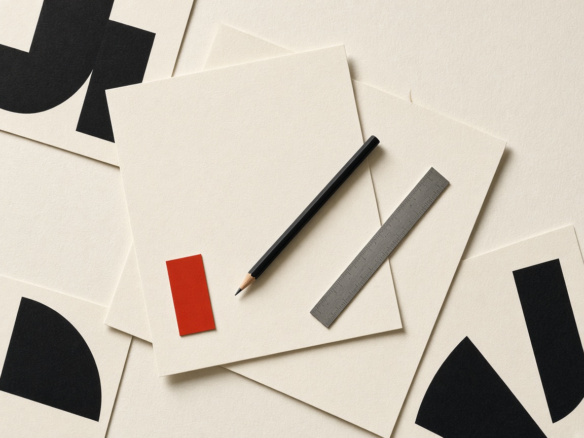 Paper, a pencil, and a red colour chip on a design desk.