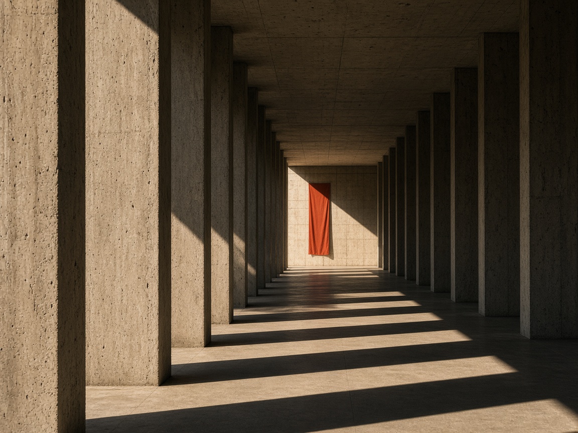 Sunlit columns casting a strict grid of shadows.