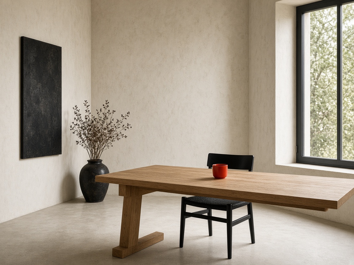 An empty studio corner with a long oak table and warm window light.